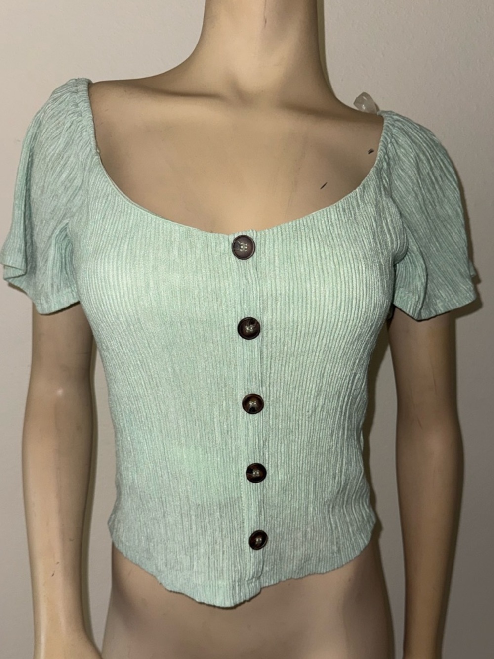 Lush Mint Ribbed Button-Front Crop Top